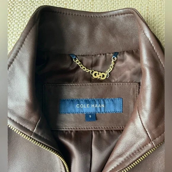 COLE HAAN Brown Leather Wing Collar Jacket Size S - Picture 4 of 5